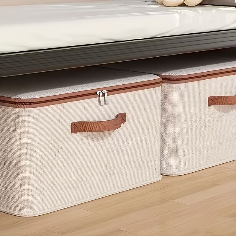56L Double Zipper Storage Box with Faux Leather Handles | Large Capacity Lidded Basket, Perfect for Storing Clothes, Bedding, and Moving — Ideal for Bedrooms, Dorms, Studies, Wardrobes, Laundry Baskets, Shelf Bins, and Storage Racks.