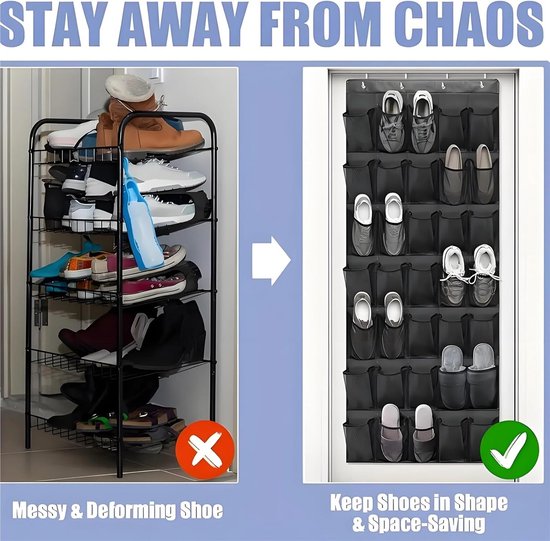 Shoe rack with 24 compartments - Made of sturdy and durable Oxford cloth - Can be hung on a door - Suitable for wardrobes with mesh walls - Black