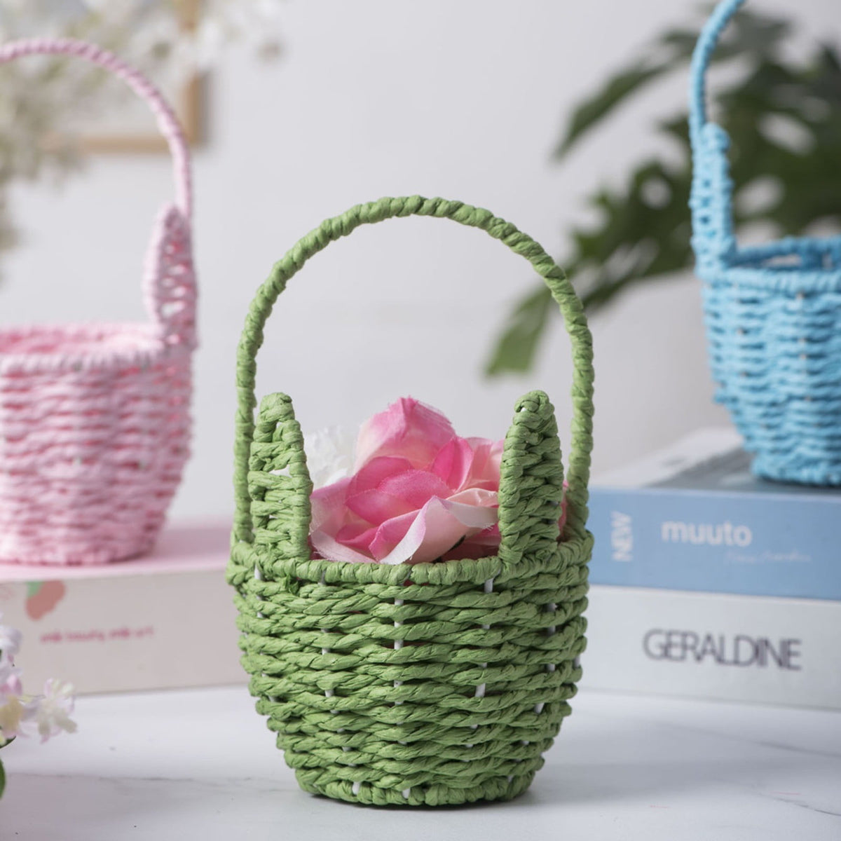 Woven Breads Baskets, Oval Small Fruit Baskets, Stackable Plastic Wicker Baskets for Serving Vegetables, Kitchen, Restaurant, Outdoor, Imitation Rattan, 1 Pcs, 7.48x5.11x2.75 4.88" x 8.19" Yellow