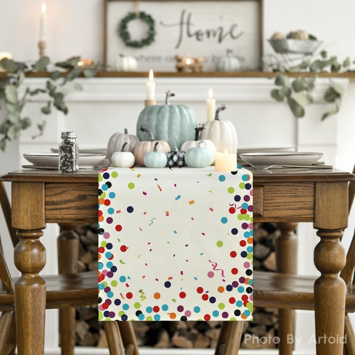 Polka Dot Beige Happy Birthday Table Runner, Seasonal Kitchen Dining Table Decoration for Home Party Decor 13x72 Inch