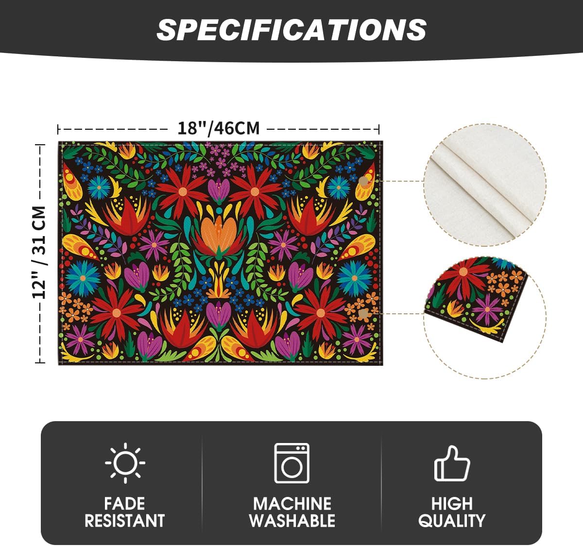 Mexican Cinco De Mayo Placemats for Dining Table, 12 x 18 Inch Floral Fiesta Dia De Los Muertos Decoration Washable Table Mats Set of 4
