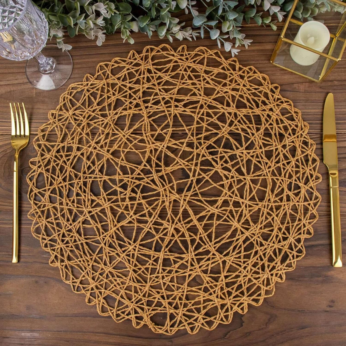 Efavormart 6 Pack 15" Natural Metallic String Round Placemats for Wedding Events Birthday Party