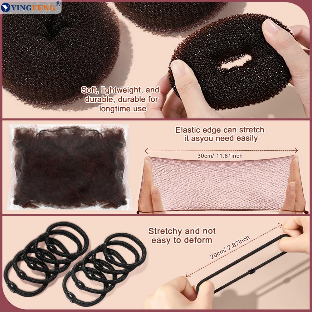 134 Pcs Brown Hair Bun Maker Kit Medium - 4 Bun Hair Pieces for Women, 20 Hair Net for Buns, 100 Bobby Pins for Women, 10 Hair Bands, for Ballet Styling, Hair Accessories for Girls