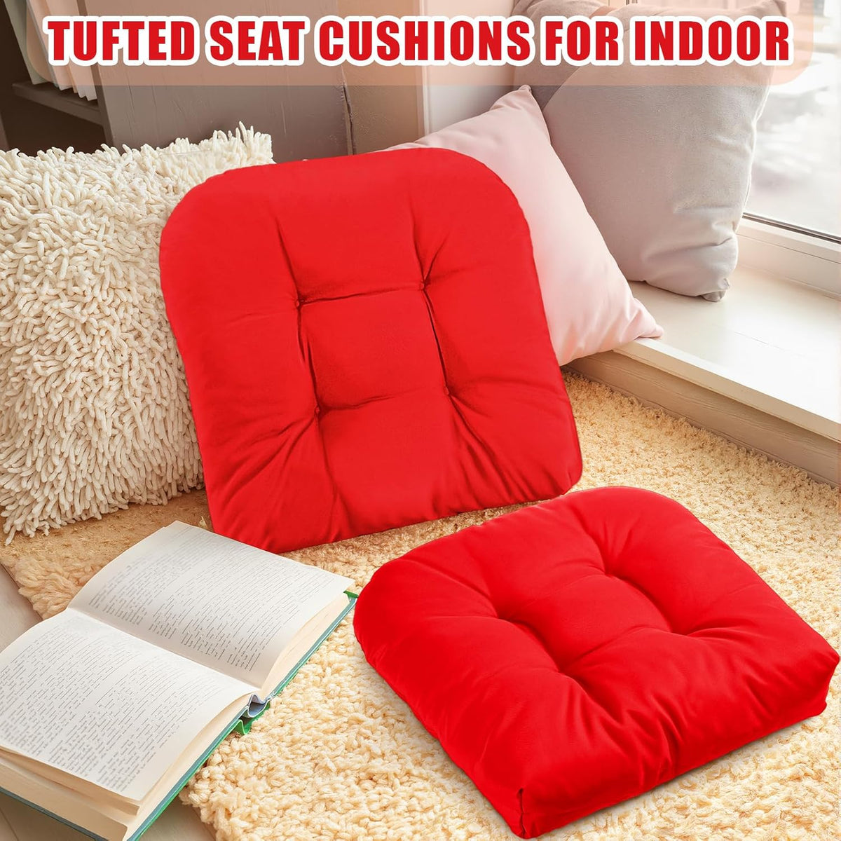 4 Pcs Outdoor Chair Cushions 18.9 x 18.9 Inch Waterproof Sun Protection Patio Furniture Overstuffed Seat Cushion Chair Pad with Round Corner for Indoor(Red)