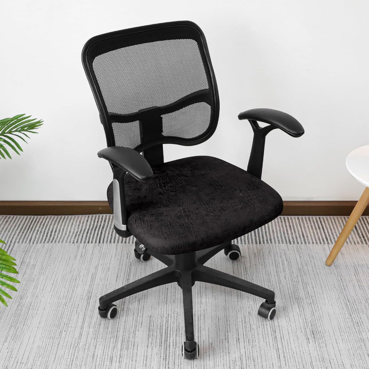 Leather Look Office Chair Seat Covers Set of 2 Black 20inch Square Stretch Seat Slipcovers for Dining Chair Cushions Removable Washable
