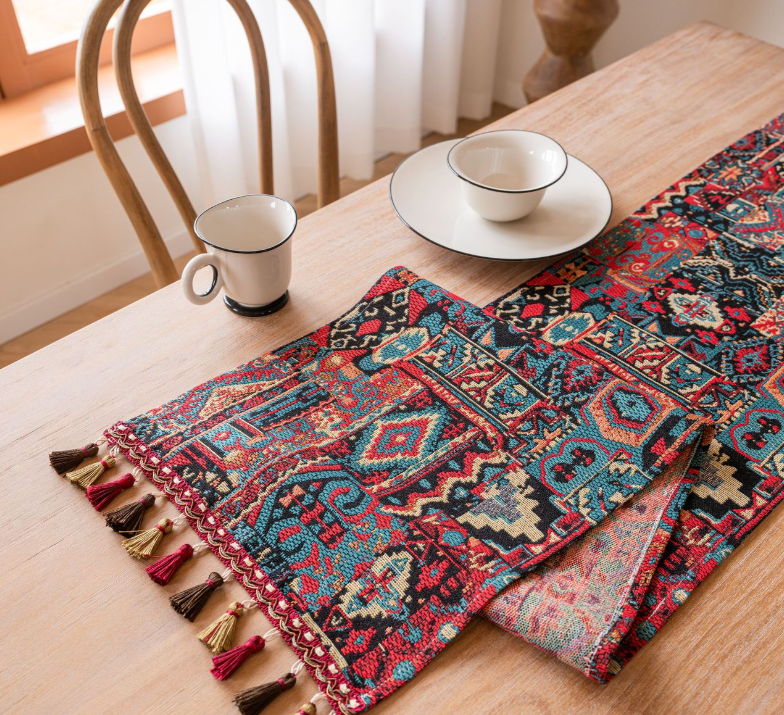 Jacquard Blue Water Plant 33-180cm Elegant Geometric Jacquard Table Runner with Tassels - Modern Dining & Coffee Table Decor