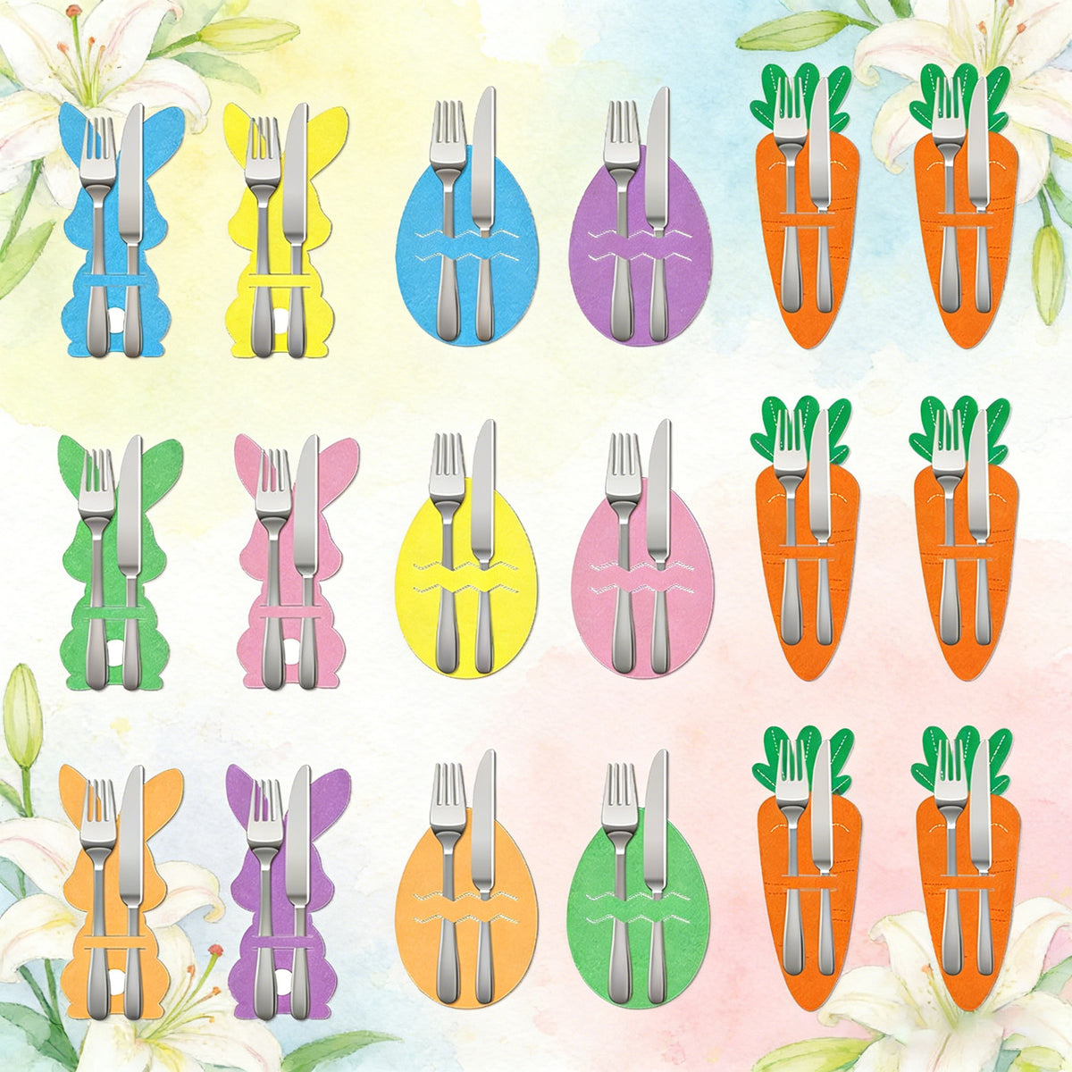 Rabbit 18-Piece Easter Cutlery Holders Set – 3 Identical Sets of 6, Festive Tableware Decor for Holiday Dining and Party Use