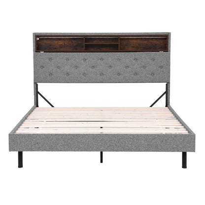 Artiss Bed Frame Queen Size LED Mattress Base Platform with Storage Shelf Hidden Storage Box Grey