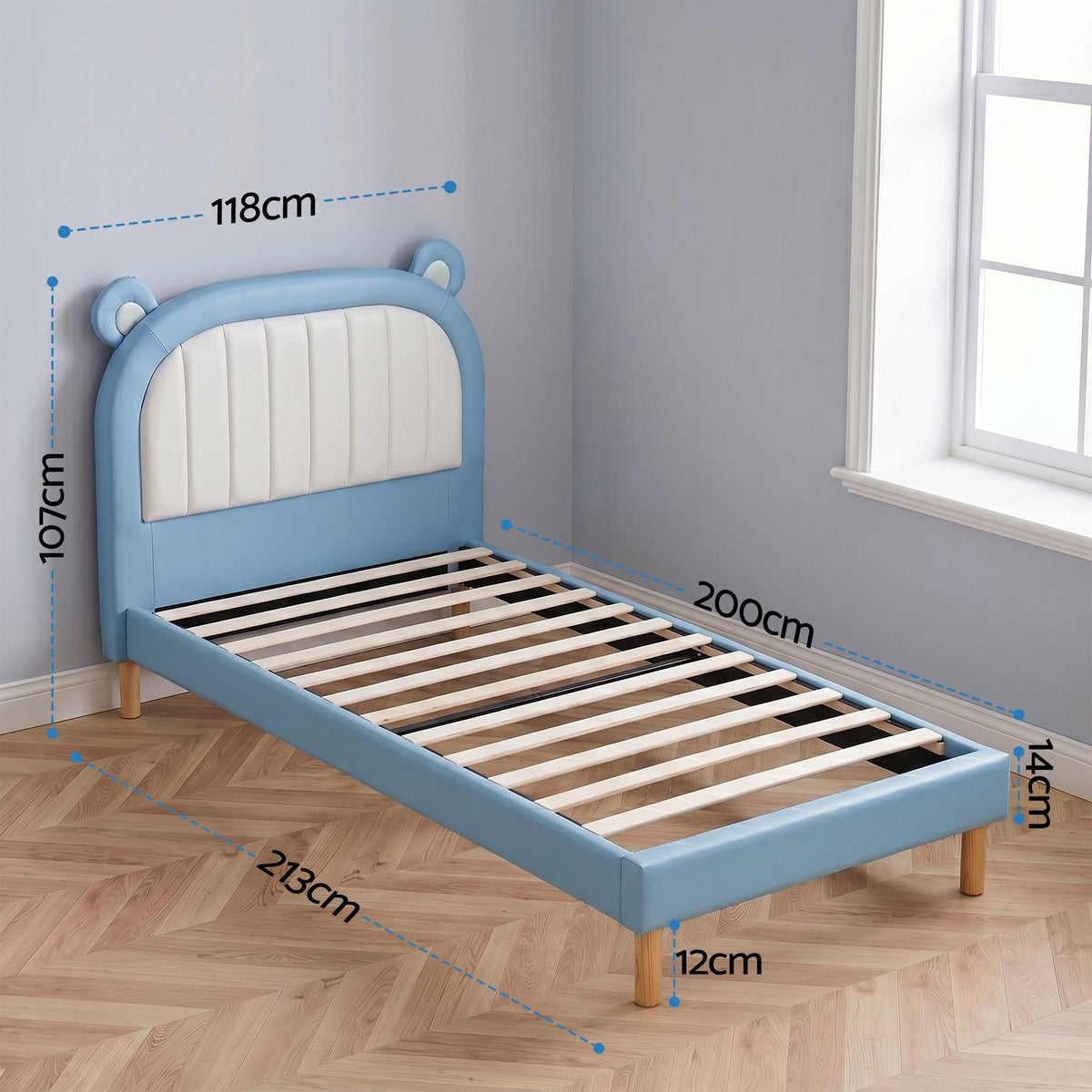 Artiss Kids King Single Bed Frame Upholstered Bear Headboard Waterproof Leather Boys Bed 180kg Capacity Blue and White