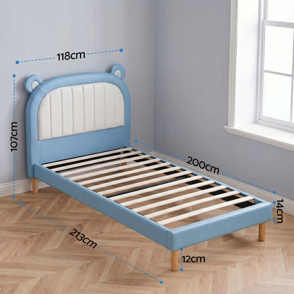 Artiss Kids King Single Bed Frame Upholstered Bear Headboard Waterproof Leather Boys Bed 180kg Capacity Blue and White