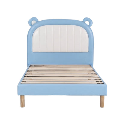 Artiss Kids King Single Bed Frame Upholstered Bear Headboard Waterproof Leather Boys Bed 180kg Capacity Blue and White