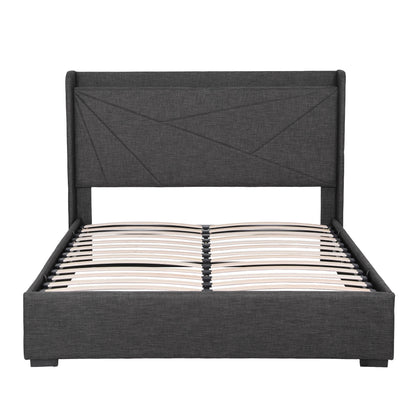 Artiss Double Bed Frame Gas Lift Storage Bed with Charging Ports Upholstered Geometric Headboard Charcoal Grey