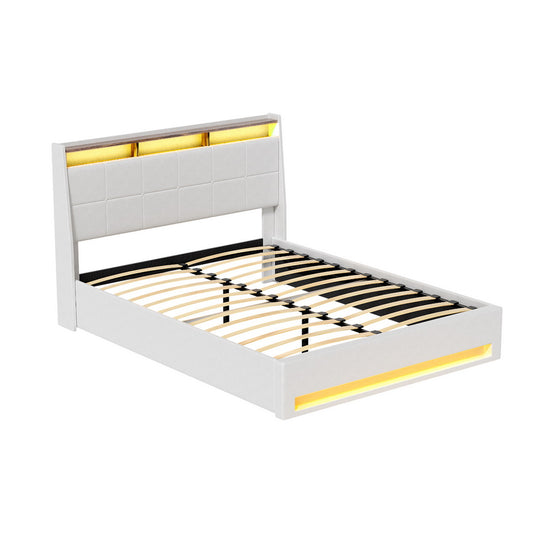 Artiss Bed Frame Gas Lift LED Beds Base Platform White PVC Leather Storage Headboard - Queen