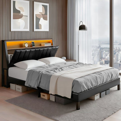 Artiss Queen Bed Frame LED Storage Headboard with Charging Station Black