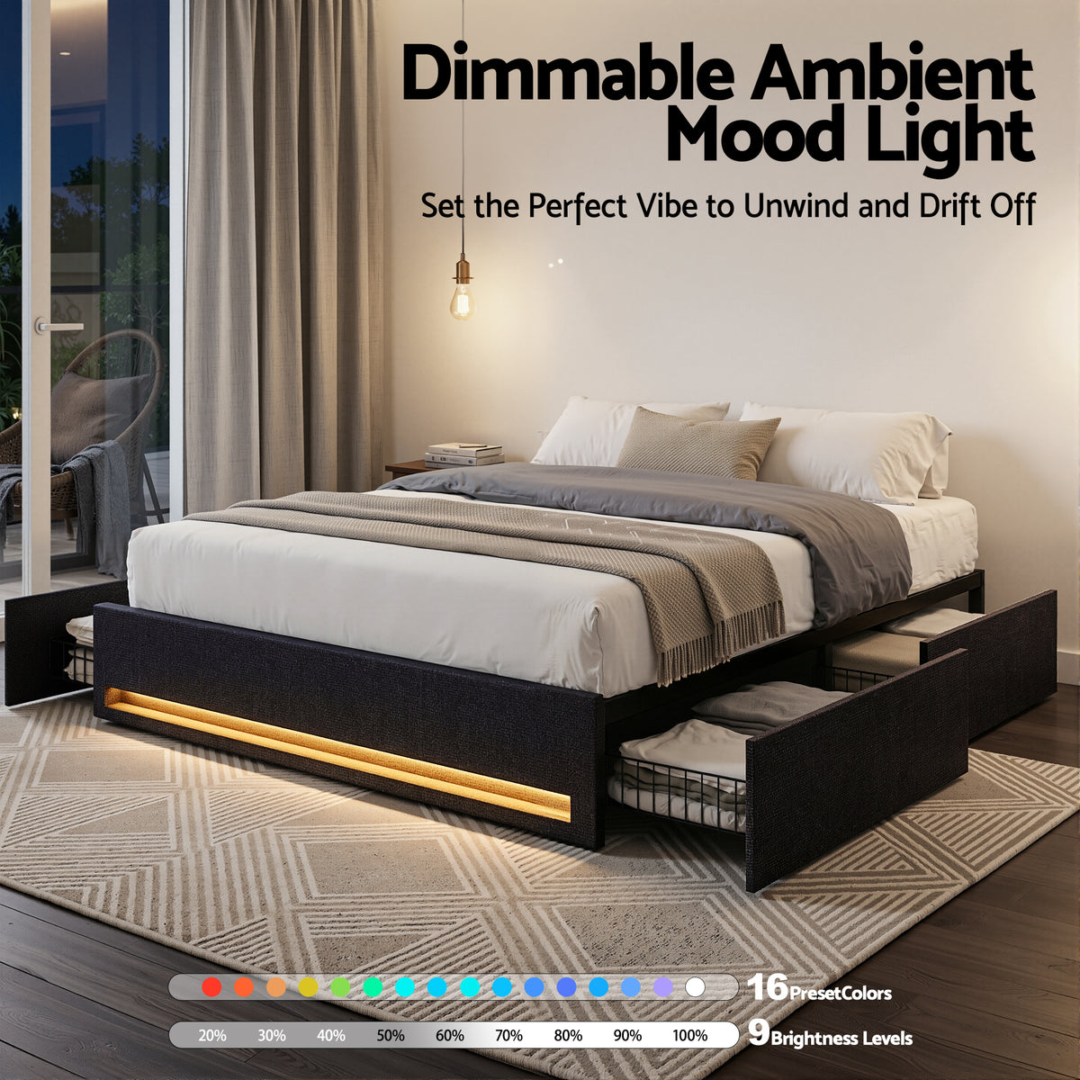 Artiss Queen Bed Frame with Storage Drawers RGB Lights Charging Station Upholstered Fabric