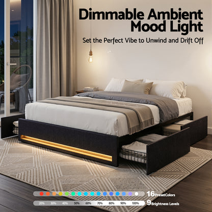 Artiss Queen Bed Frame with Storage Drawers RGB Lights Charging Station Upholstered Fabric