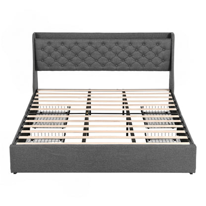 Artiss King Bed Frame with 4 Storage Drawers and Charging Station Tufted Wingback Headboard 300kg Loads Charcoal Grey