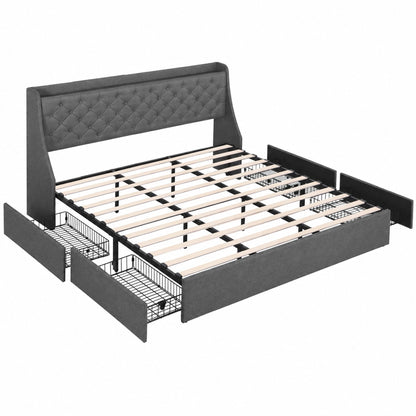 Artiss King Bed Frame with 4 Storage Drawers and Charging Station Tufted Wingback Headboard 300kg Loads Charcoal Grey