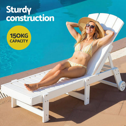 Gardeon Sun Lounge Lounger Table and Chairs Beach Chair Adirondack HDPE Patio Outdoor Furniture Wheels White