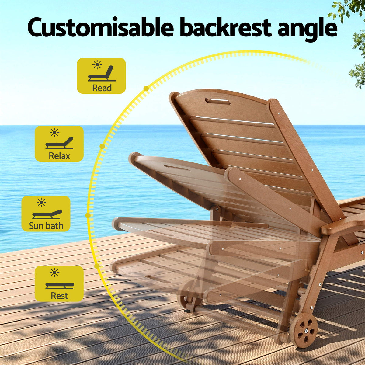 Gardeon Sun Lounge Lounger Table and Chairs Beach Chair HDPE Patio Outdoor Furniture Wheels Brown
