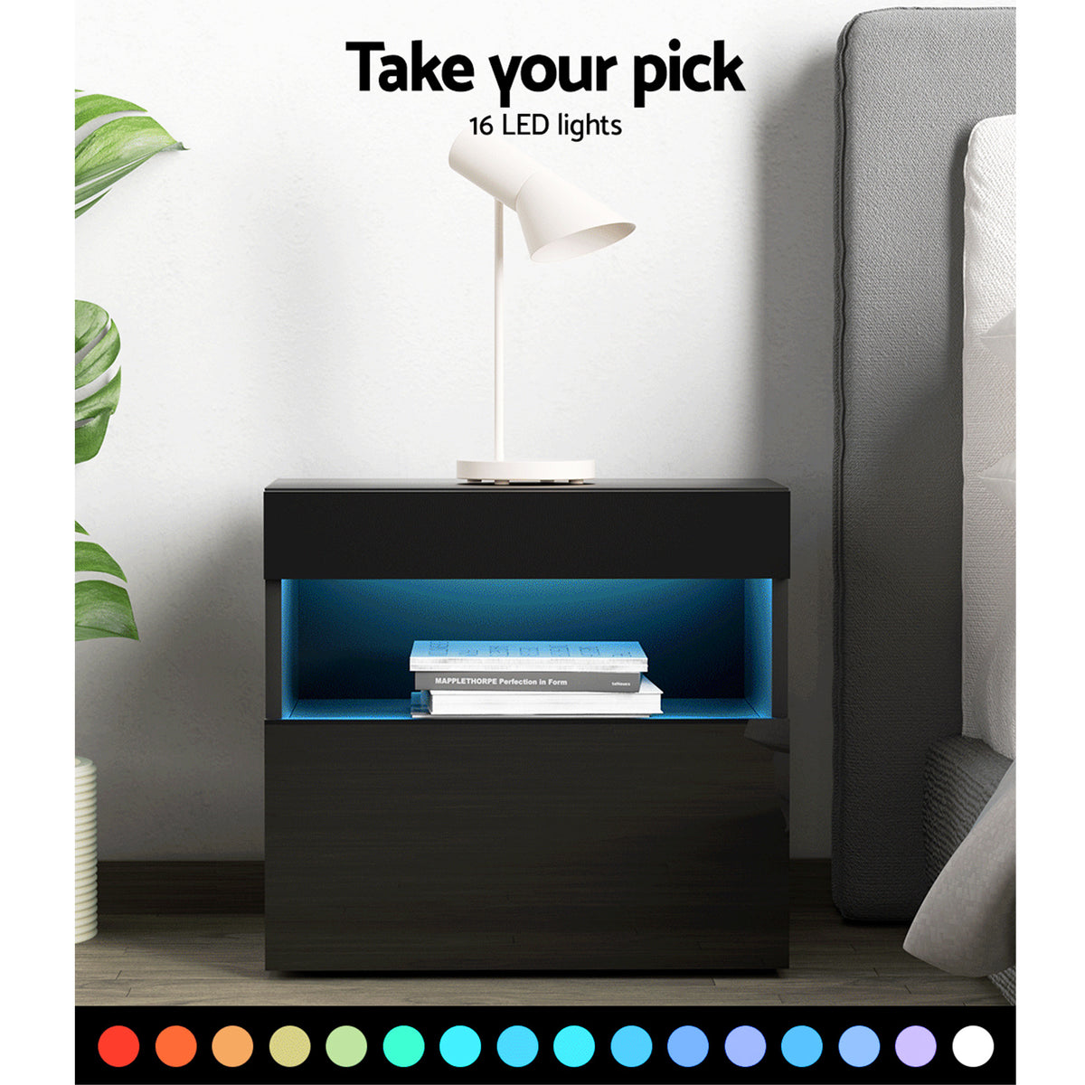 Artiss 2x Bedside Table LED - HERES Black