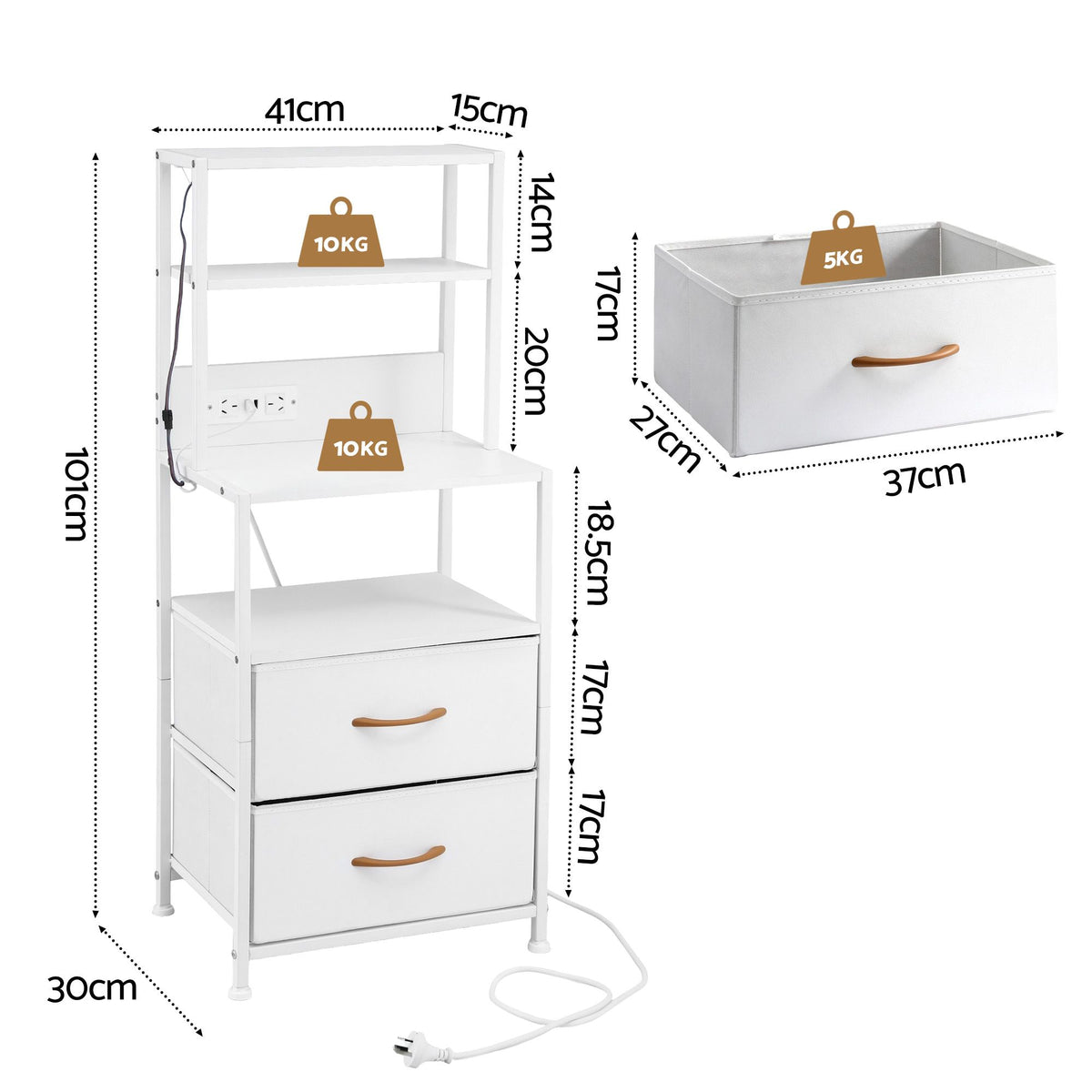 Artiss Bedside Table Tall Nightstand with Charging Station Drawers LED White