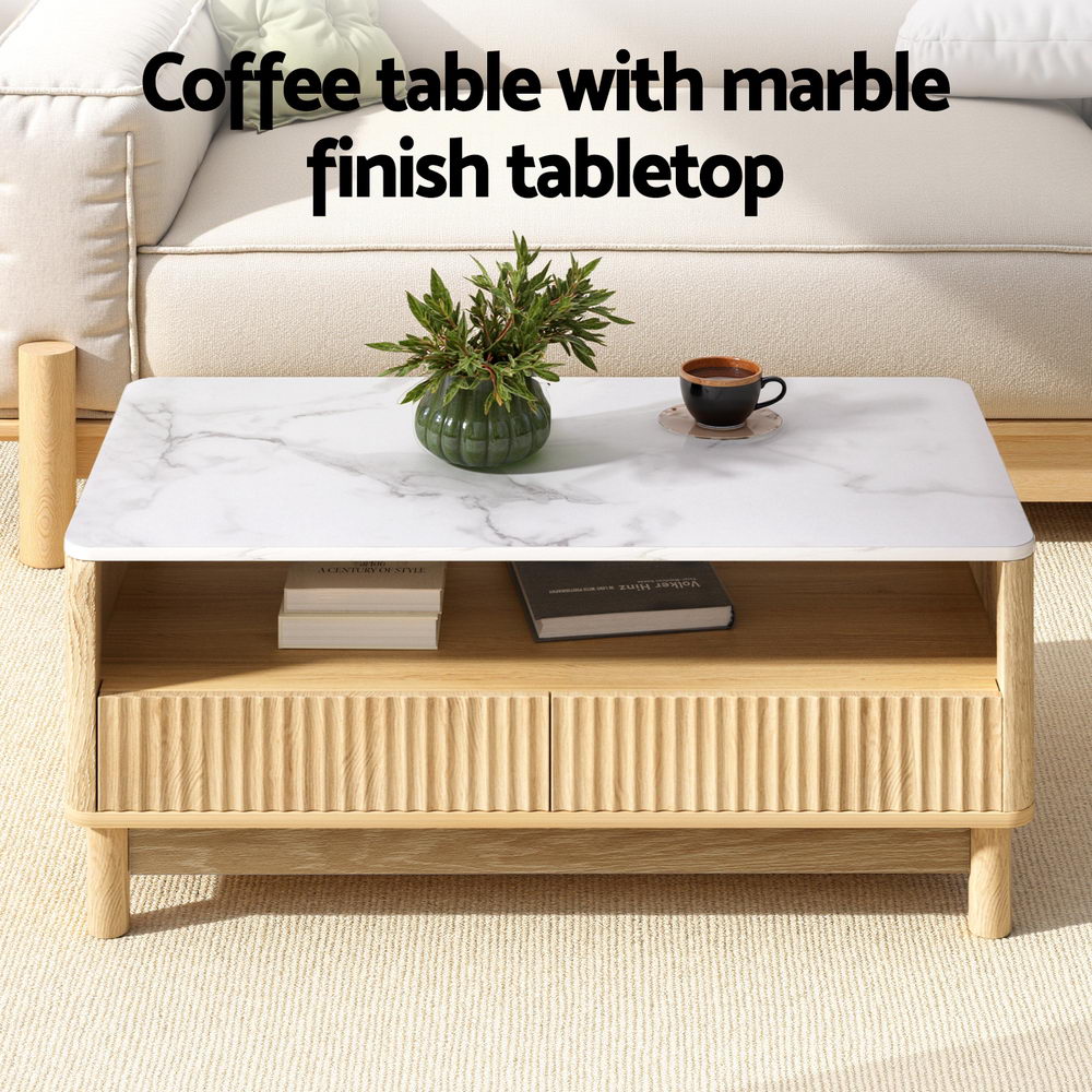 Artiss Coffee Table Drawer Shelf Marble Effect Wood&White