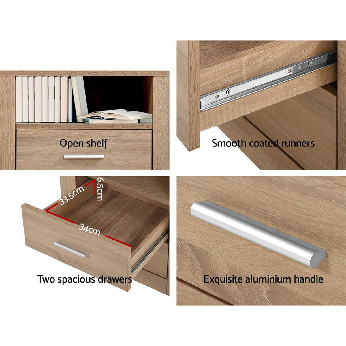Artiss 2X Bedside Table 2 Drawers with Shelf - TARA Oak