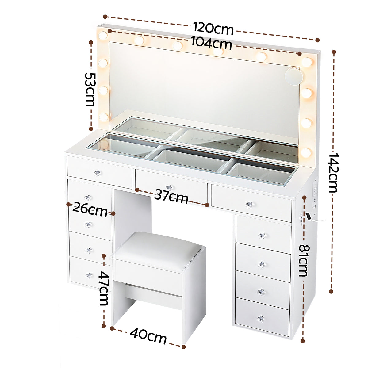 Artiss Dressing Table Vanity Desk Set Stool LED Bulbs White
