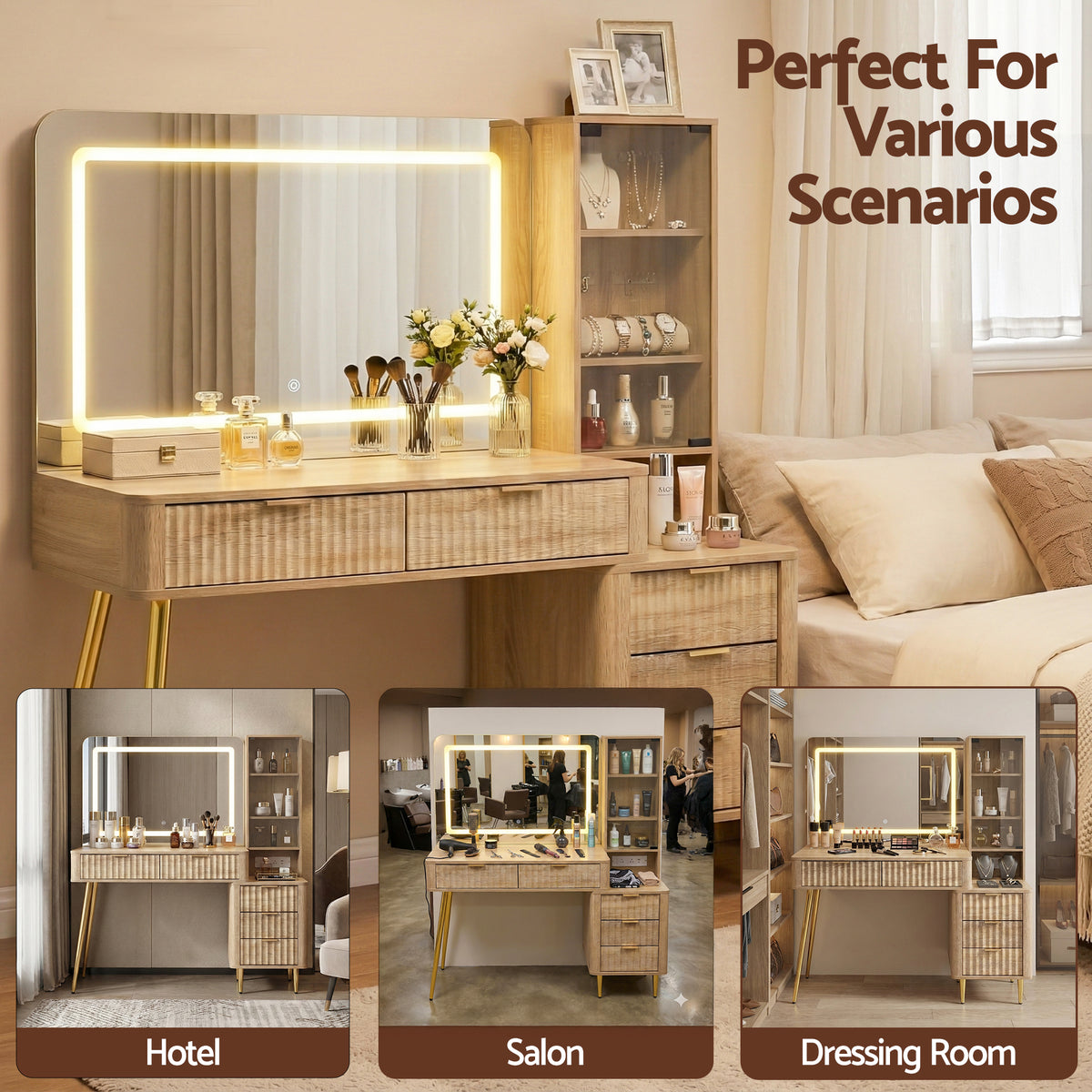 Artiss Dressing Table LED Vanity Desk Charging Station Wood
