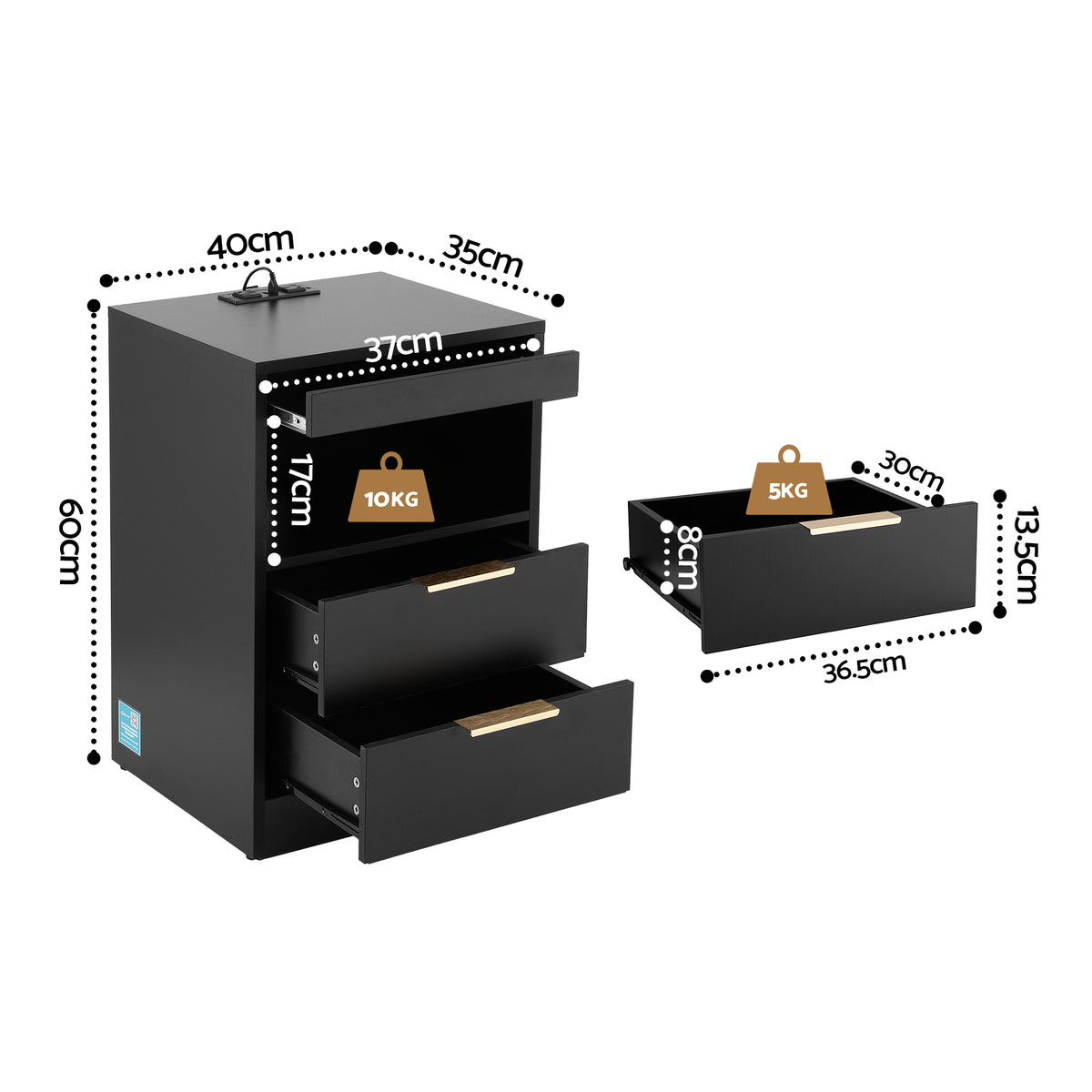 Artiss Bedside Table LED Nightstand Charging Station 2 Drawers - Black