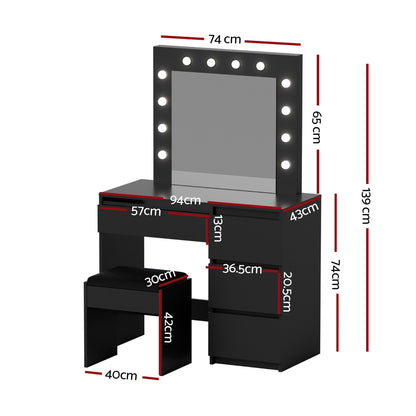 Artiss Dressing Table Set Stool 12 Led Bulbs Black