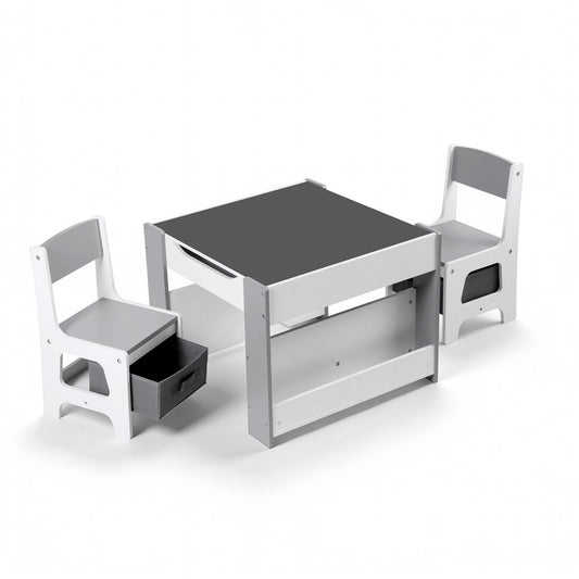 Keezi Kids Table and Chair Set, 4 in 1 Wooden Activity Table with Bookcase, Storage Box and Detachable Blackboard, Toddler Table and 2 Chairs Set, Grey