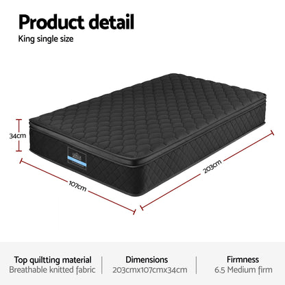 Giselle Bedding King Single Mattress 34cm Euro Top with 5-Zone Pocket Spring Support Black