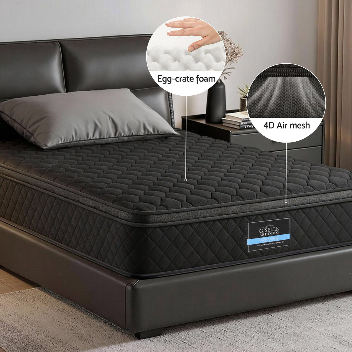 Giselle Bedding King Single Mattress 34cm Euro Top with 5-Zone Pocket Spring Support Black