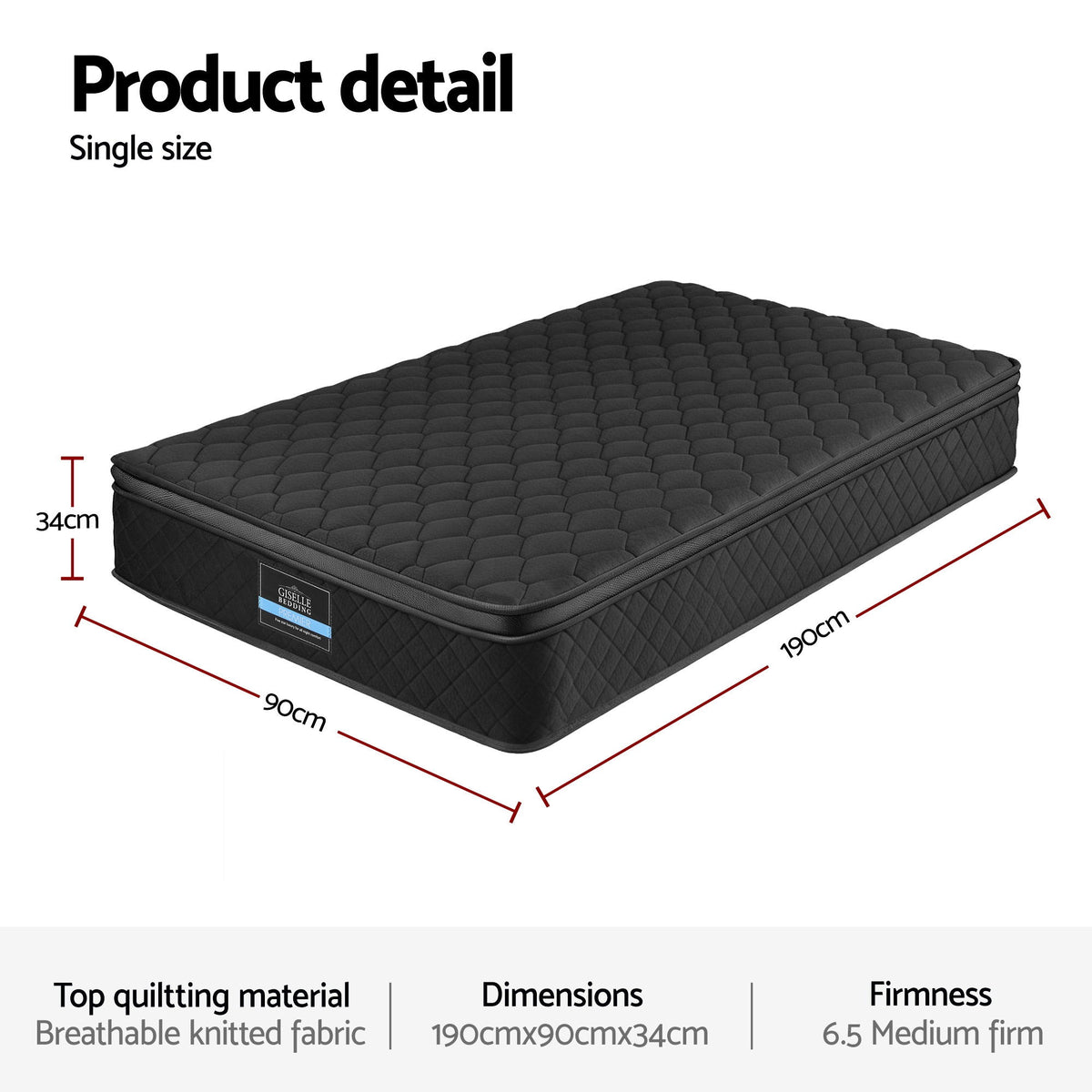 Giselle Bedding Single Mattress 34cm Euro Top with 5-Zone Pocket Spring Support Black