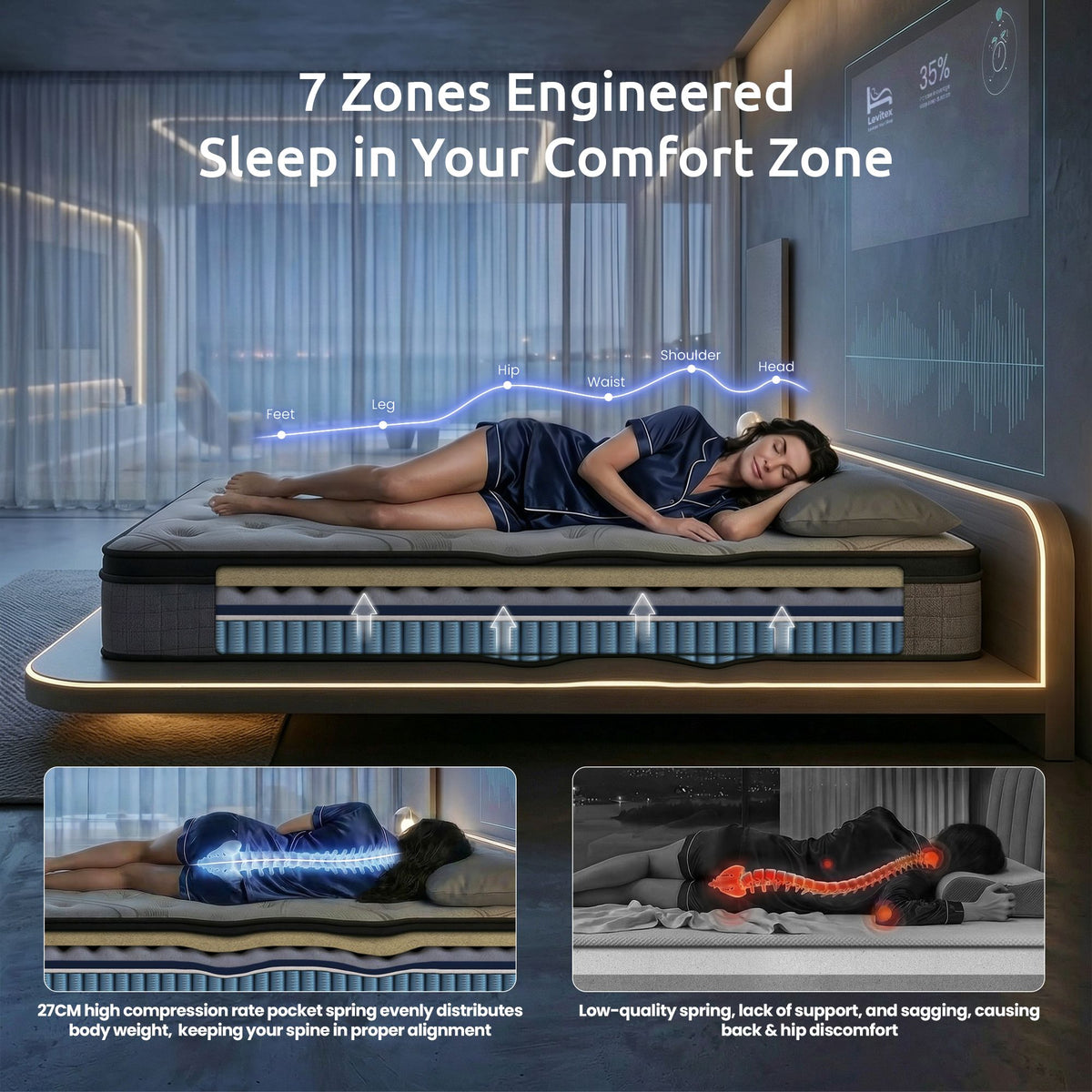 Levitex 33 cm Mattress 8.0 Extra Firm 7-Zone Pocket Spring Mattress with Dual-Row Edge Support & Breathable Knit Cover King