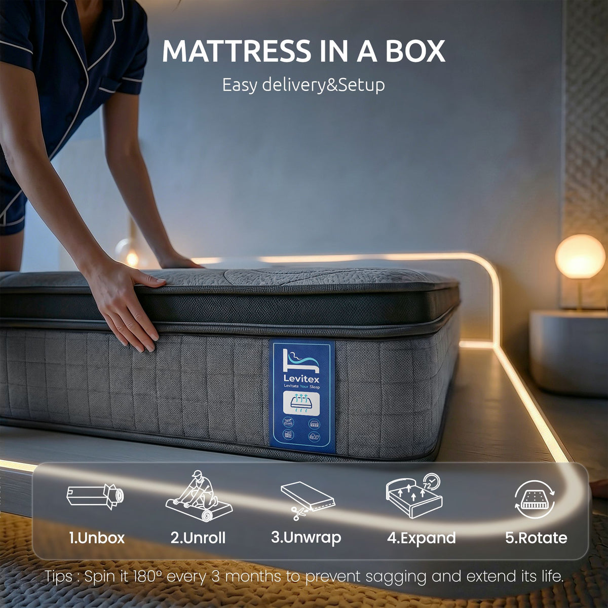 Levitex 33 cm Mattress 8.0 Extra Firm 7-Zone Pocket Spring Mattress with Dual-Row Edge Support & Breathable Knit Cover King Single