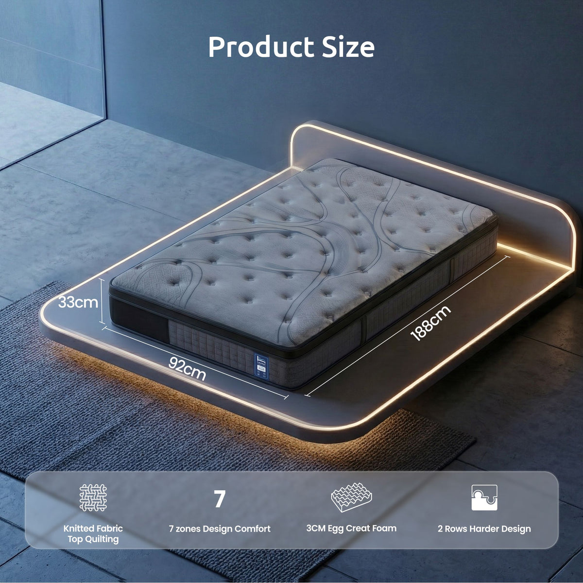 Levitex 33 cm Mattress 8.0 Extra Firm 7-Zone Pocket Spring Mattress with Dual-Row Edge Support & Breathable Knit Cover Single