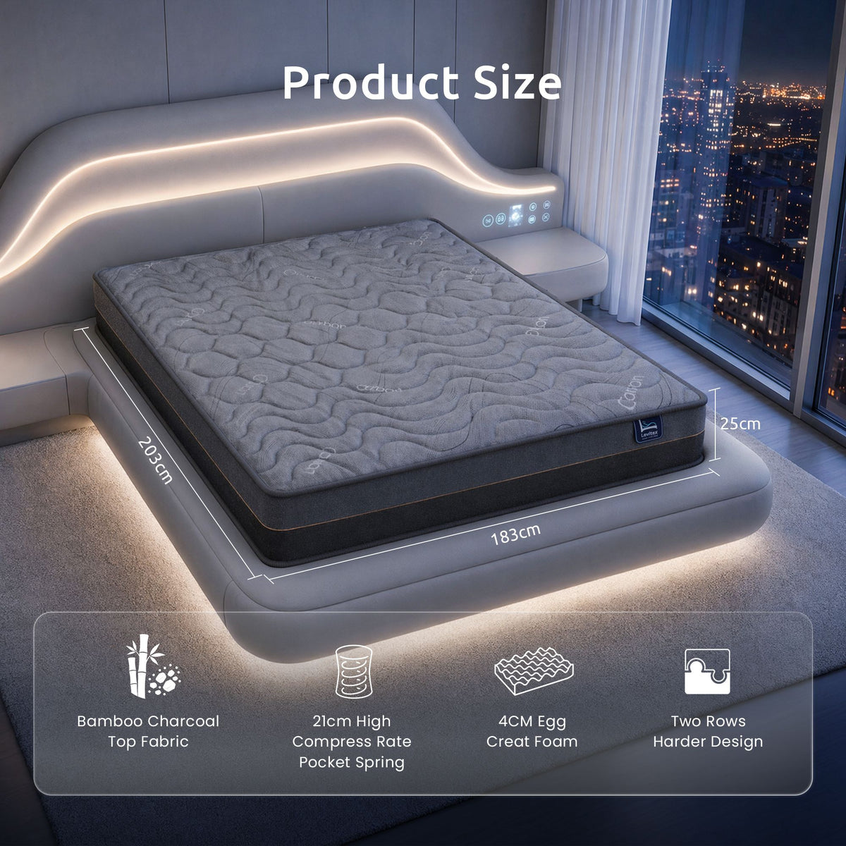 Levitex 25 cm Hybrid Pocket Spring Mattress Firm with 4cm Egg Crate Foam for Deep Sleep Bamboo Charcoal Fabric King