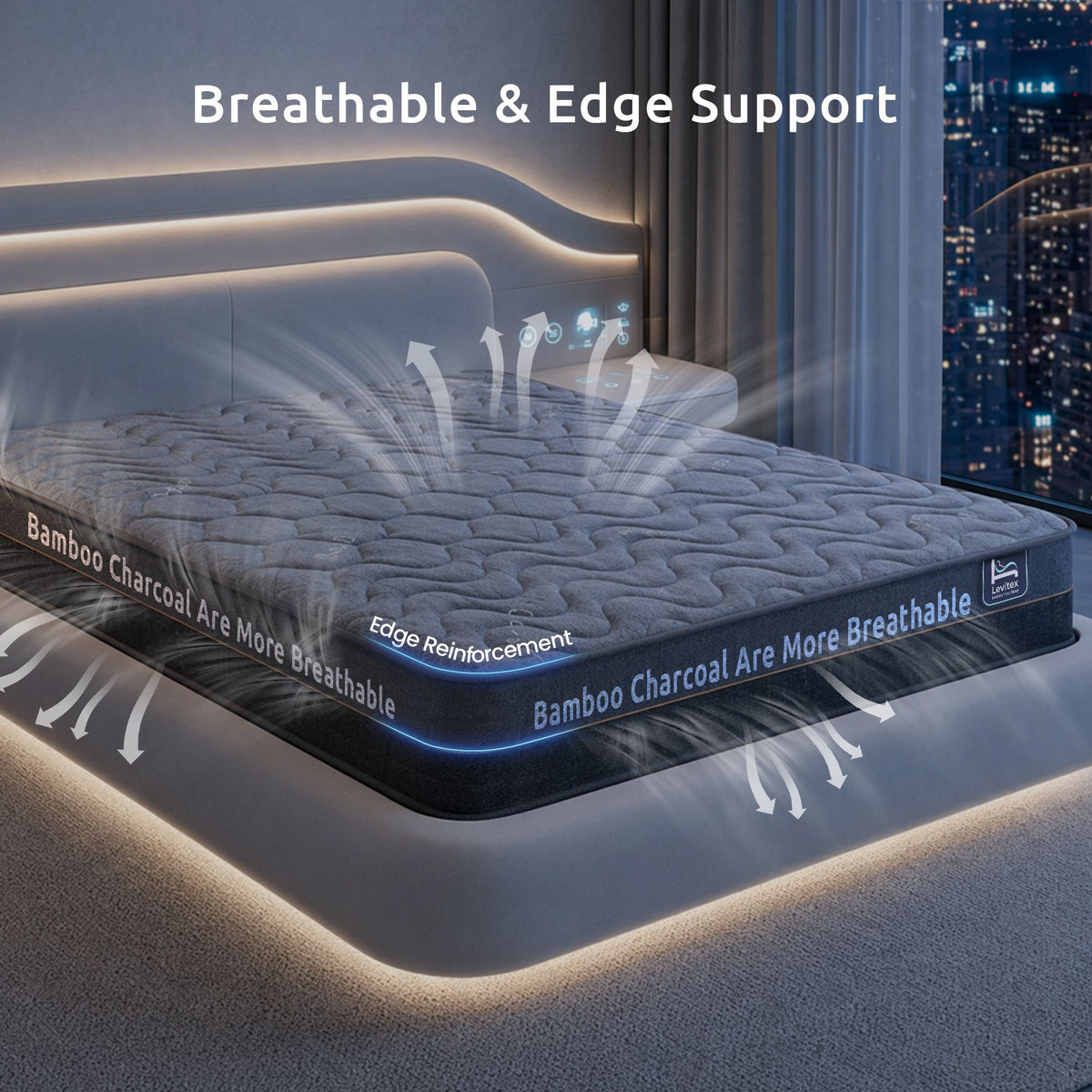 Levitex 25 cm Hybrid Pocket Spring Mattress Firm with 4cm Egg Crate Foam for Deep Sleep Bamboo Charcoal Fabric King
