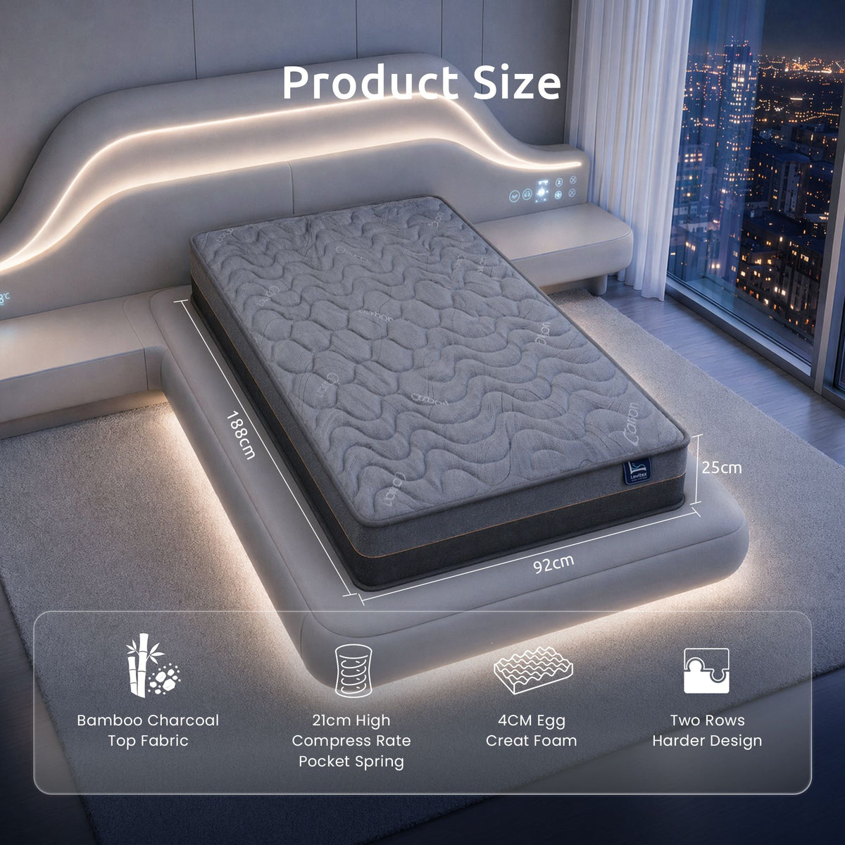 Levitex 25 cm Hybrid Pocket Spring Mattress Firm with 4cm Egg Crate Foam for Deep Sleep Bamboo Charcoal Fabric Single