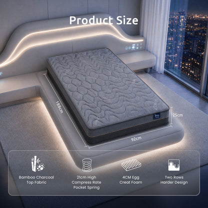 Levitex 25 cm Hybrid Pocket Spring Mattress Firm with 4cm Egg Crate Foam for Deep Sleep Bamboo Charcoal Fabric Single