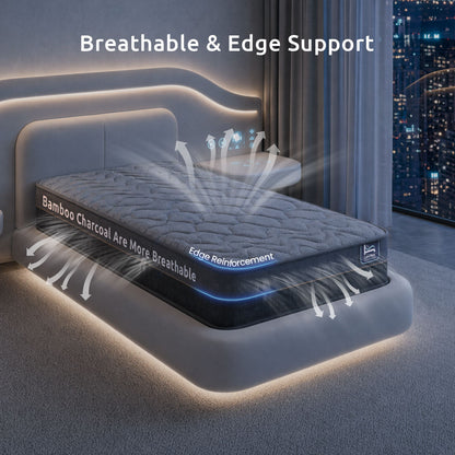 Levitex 25 cm Hybrid Pocket Spring Mattress Firm with 4cm Egg Crate Foam for Deep Sleep Bamboo Charcoal Fabric Single