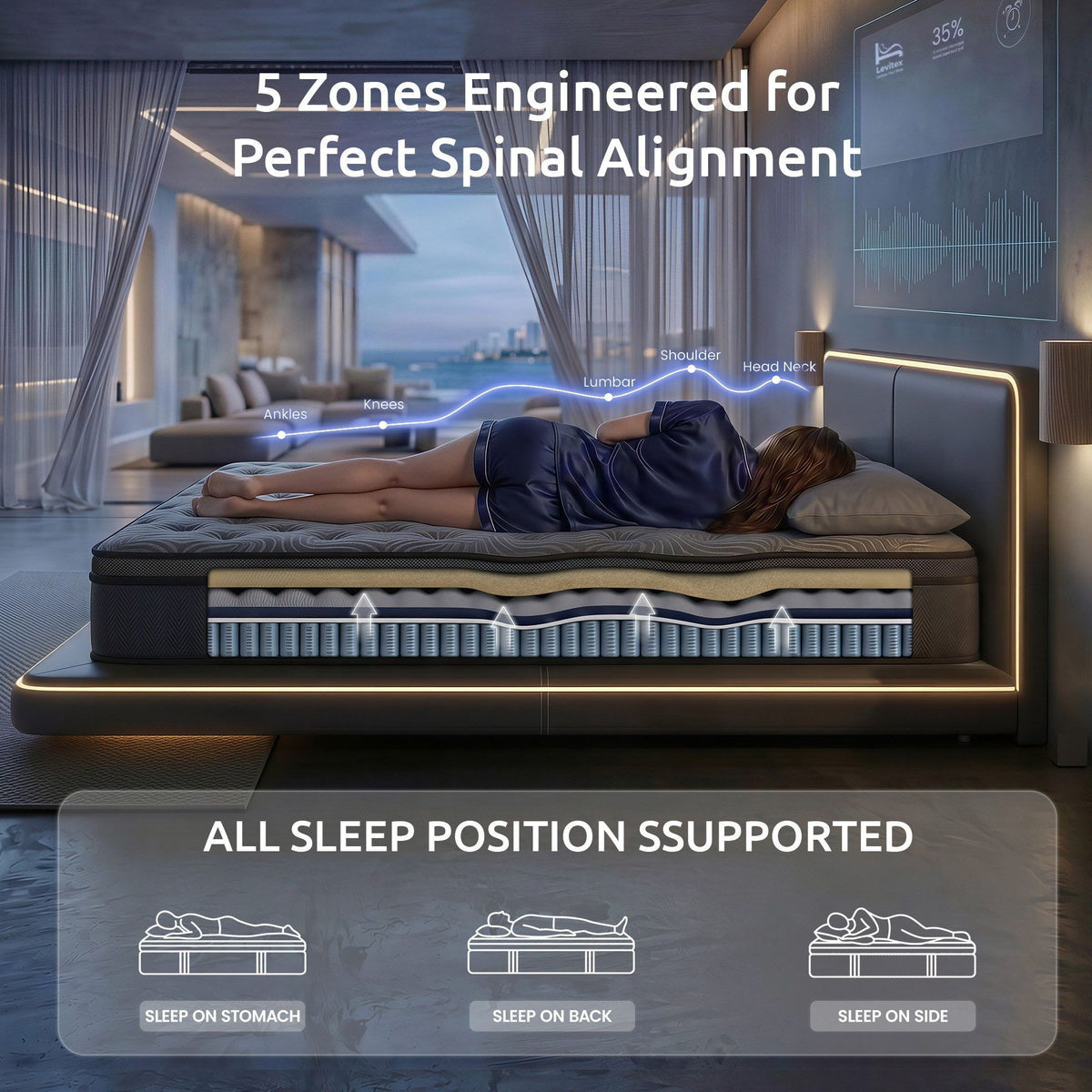 Levitex 34 cm Pocket Spring Mattress with Reinforced Edge Support & 5-Zone Pressure Relief Breathable Gel Memory Foam Hybrid Mattress for Back Pain Queen