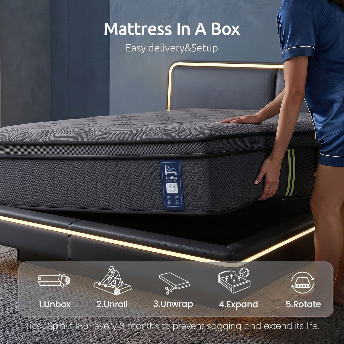 Levitex 34 cm Pocket Spring Mattress with Reinforced Edge Support & 5-Zone Pressure Relief Breathable Gel Memory Foam Hybrid Mattress for Back Pain Single