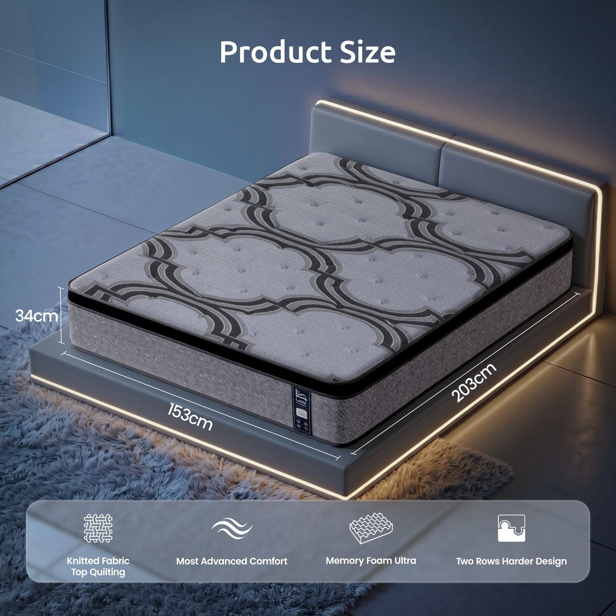 Levitex 5-Zone Pocket Spring Mattress with Latex & Memory Foam 7.5 Firm Hybrid Mattress for Extra Lumbar & Shoulder Support 34 cm Thickness Queen