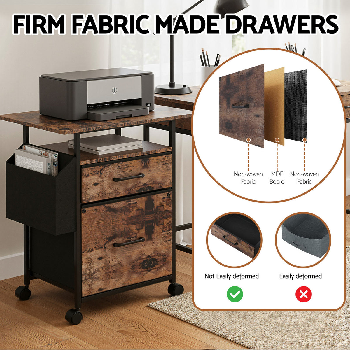 Artiss 2 Fabric Drawer File Cabinet Printer Stand Rolling File Cabinet with Side Bag