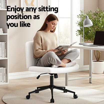 Artiss Criss Cross Chair with Wheels Wide Cross Legged Office Desk Vanity Chair PU Leather, Armless Height Adjustable Swivel Home Office Chair for Home Computer Task, White