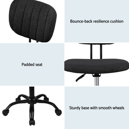 Artiss Armless Office Chair with Wheels, Ergonomic 360° Swivel Home Office Desk Chair, Height Adjustable Computer Task Chair with Fabric Back and Seat for Small Space, Black